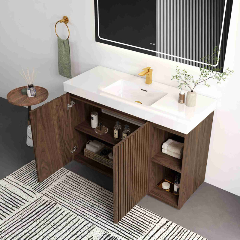 Modern Bathroom Vanity, Walnut Brown, White