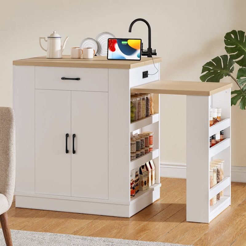 Îlot de cuisine 80 po avec 2 tiroirs, armoire double porte, 8 tablettes ouvertes, bar et table de salle à manger, Blanc