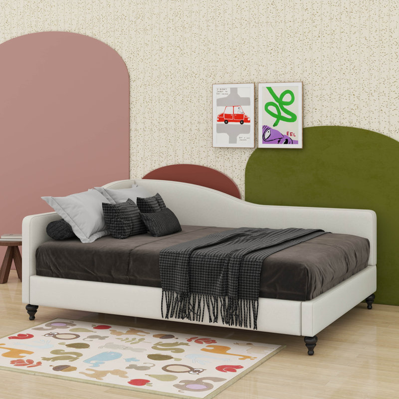 Lit de jour en L en forme de L avec pieds en bois massif, Beige, Complet/Double