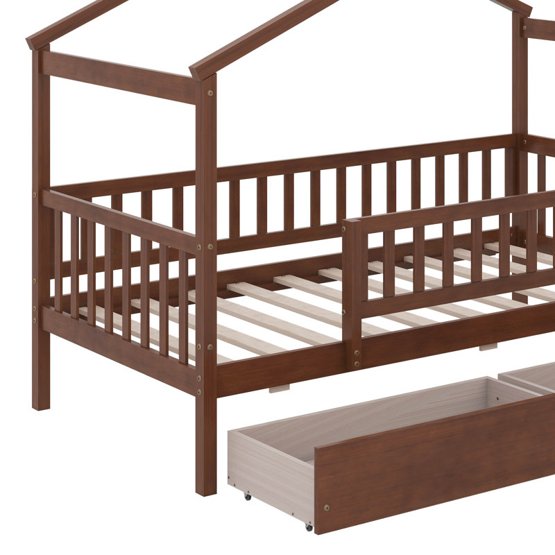 Twin wooden house bed with drawers, Noyer