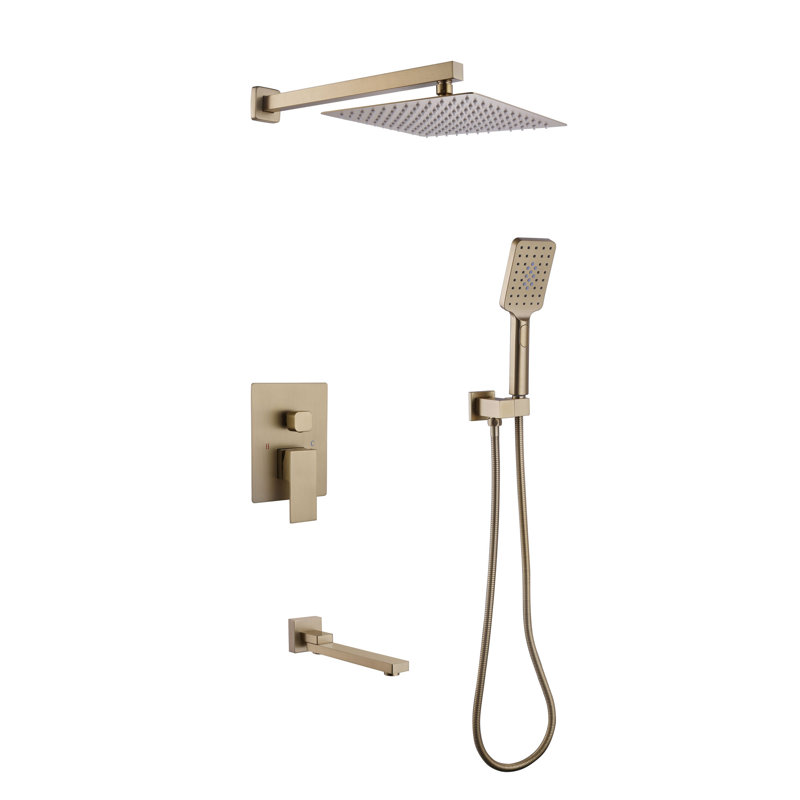 Modern 10" Rectangle Wall Mounted Pressure Balance Rainfall Shower System With Swivel Tub Spout And Handheld Shower