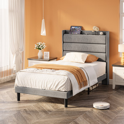 Modern Upholstered Twin XL Storage Bed Frame with Headboard, Fabric Platform Bed with Power Outlets, Quiet & Easy Assembly, No Box Spring Needed