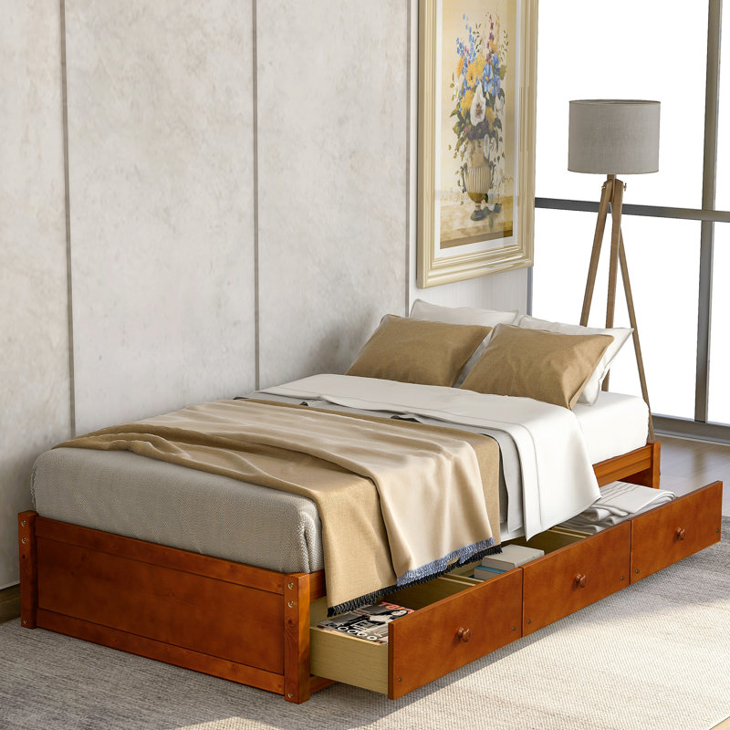 Base de lit plateforme simple en pin massif avec 3 tiroirs de rangement