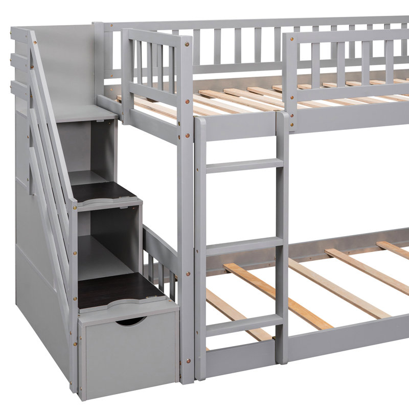 Lit superposé simple gris avec tiroirs de rangement, glissière et deux tiroirs pratiques, Gris