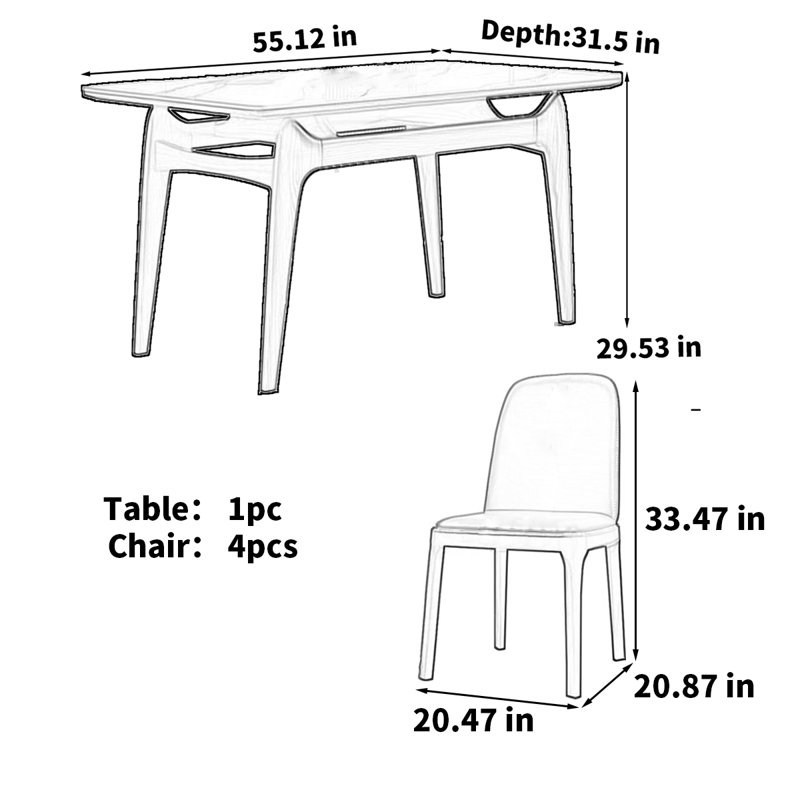 Table de salle à manger rectangulaire de style nordique, H 29,53 po x L 55,12 po x l 31,5 po