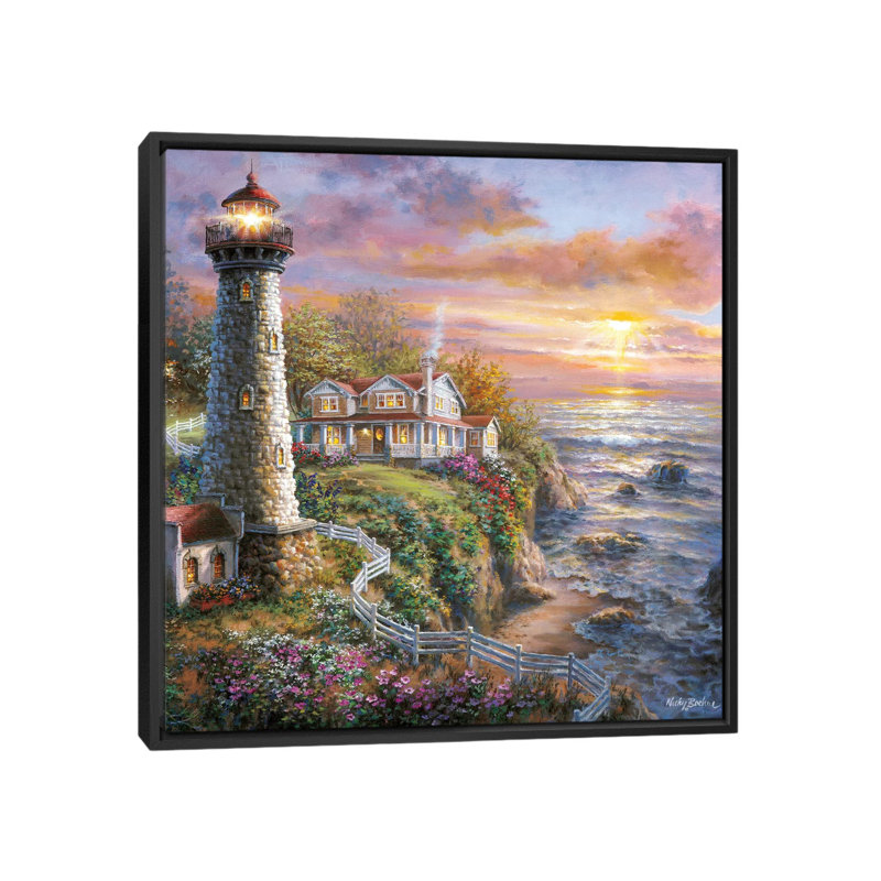 « phare refuge i », reproduction d’art sur toile, H 26 po x l 26 po x P 1,5 po, Pas de tapis, Toile avec cadre noir
