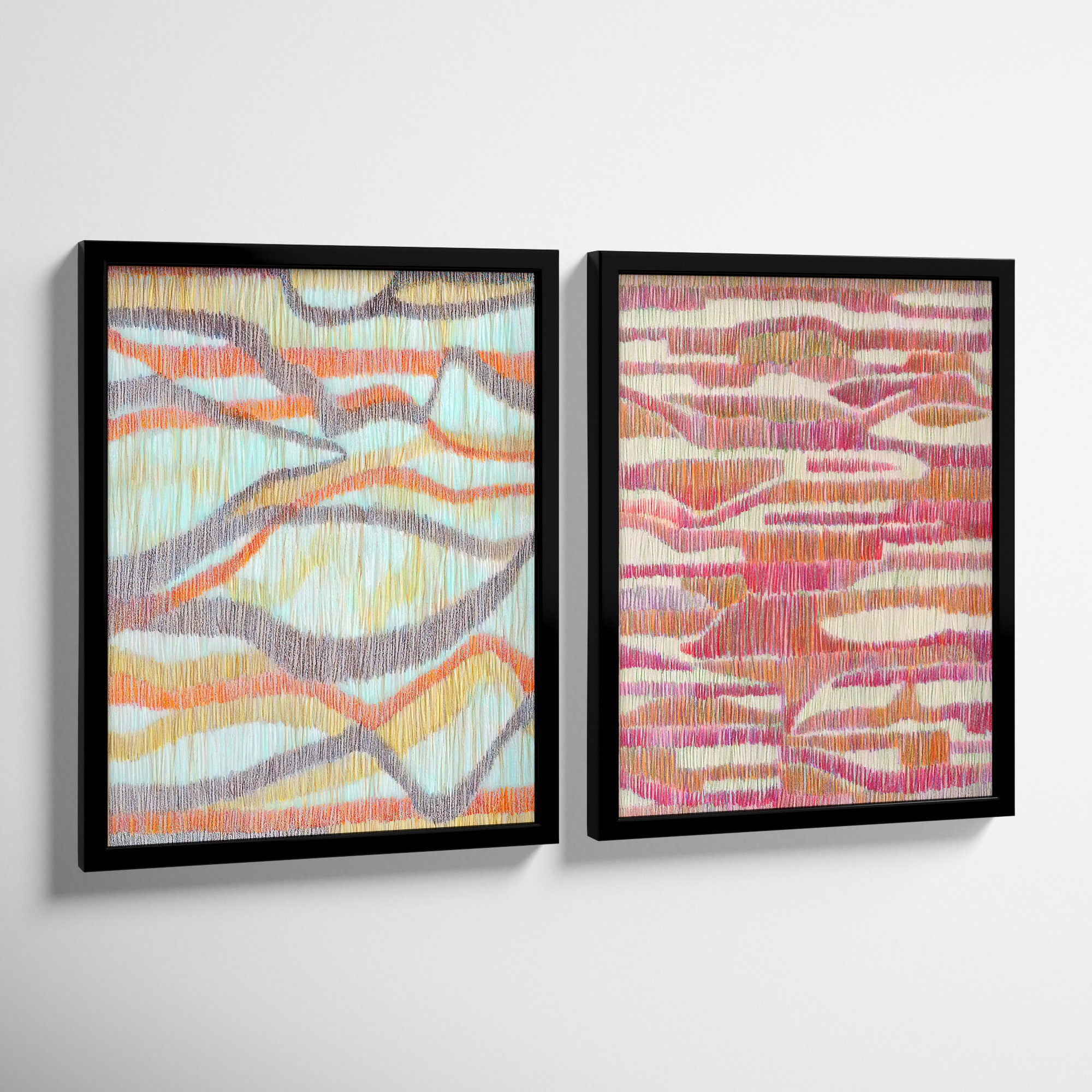 Rhythm & Ripples. Set Of 2 by Jacques Pilon, 20" H x 16" W x 1.25" D, Black Framed
