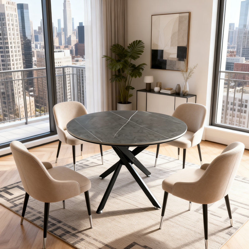 35.5" Round Sintered Stone Bistro Table for Small Spaces, Modern Stone-Top Dining Table with Metal X-Base, Gray