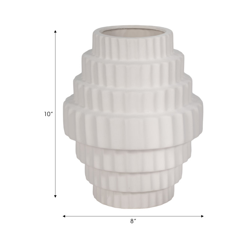 Textured Staggered Vase, White, 10" H x 8" W x 8" D