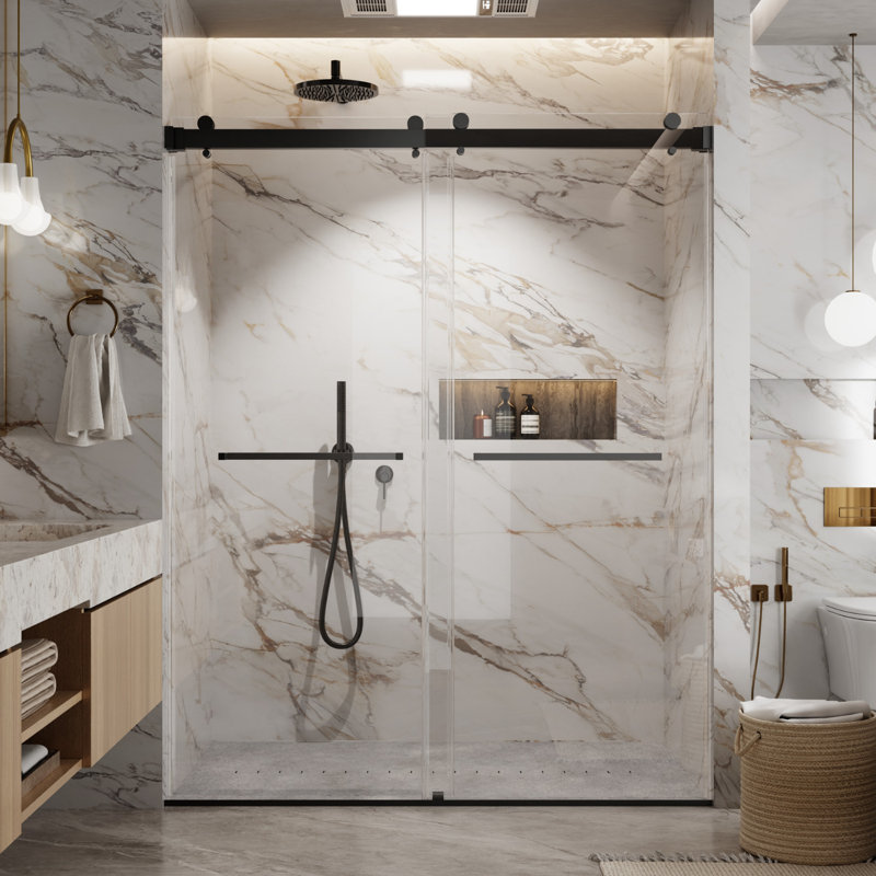 Porte de douche en verre sans cadre avec fermeture en douceur, verre trempé transparent, largeur réglable, système à double rouleau et quincaillerie en acier inoxydable