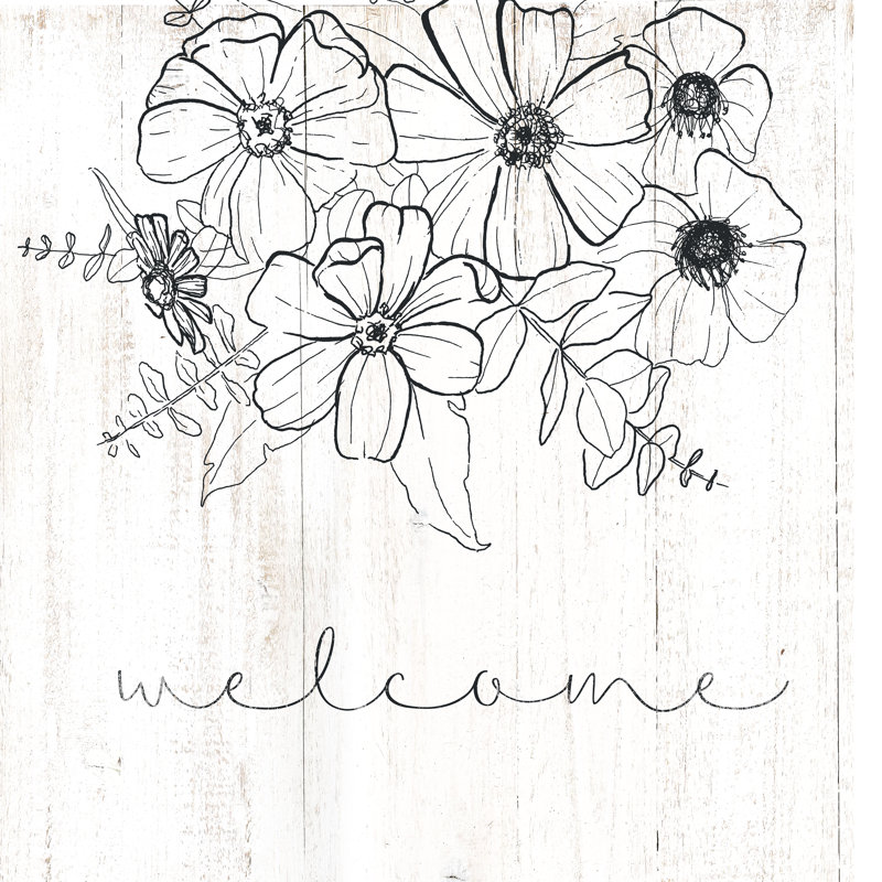 Handdrawn Flowers On White Wood Welcome - Wrapped Canvas Print, 91cm H x 91cm W x 3.8cm D
