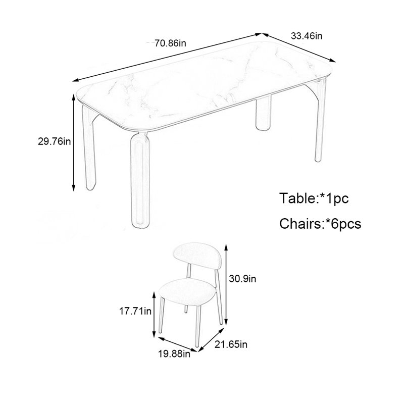 Table de salle à manger et chaises en bois massif, H 29,76 po x L 70,86 po x l 33,46 po