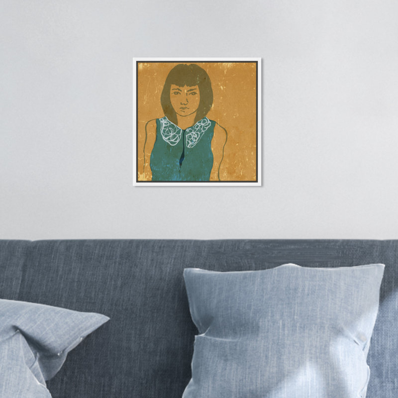 Lady in Teal - Peinture sur toile, H 12 po x l 12 po, Toile blanche encadrée