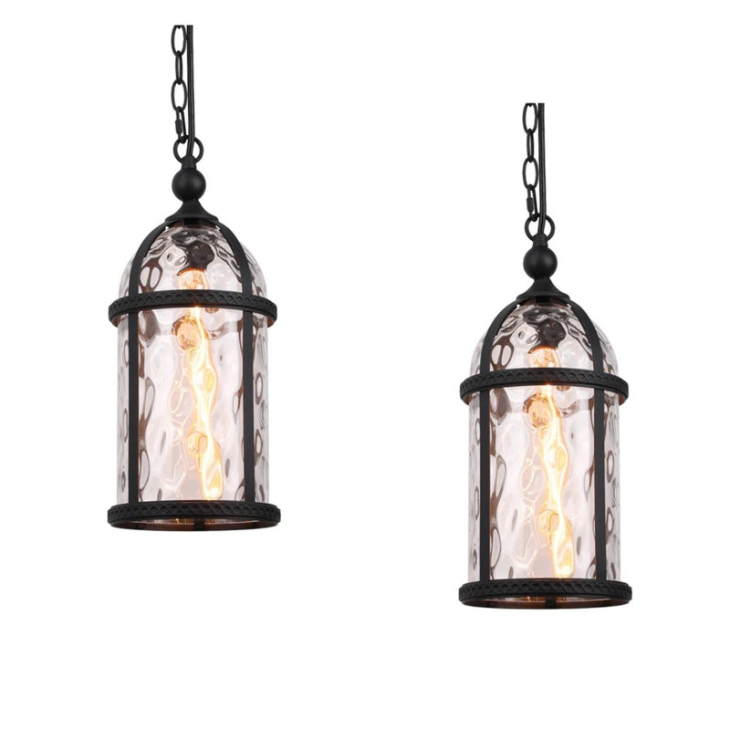 Lot de 2 suspensions extérieures industrielles noires de 44,5 cm (17,52 po) avec verre à motif d'eau, culot E26, puissance maximale 60 W, 110-120 V, chaîne réglable