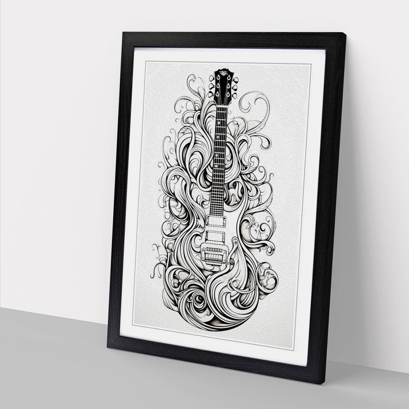Guitar Line No.2 - Single Picture Frame Print on Wood, Black, 46cm H x 34cm W x 2cm D