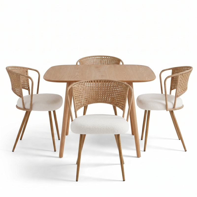 Natural Solid Wood Square Dining Table + Set Of 4 Wicker Brown Dining Chairs – Modern Bohemian Kitchen Dining Set, Natural