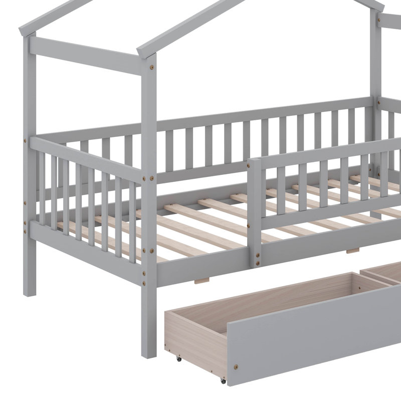 Lit double en bois avec tiroirs, Gris