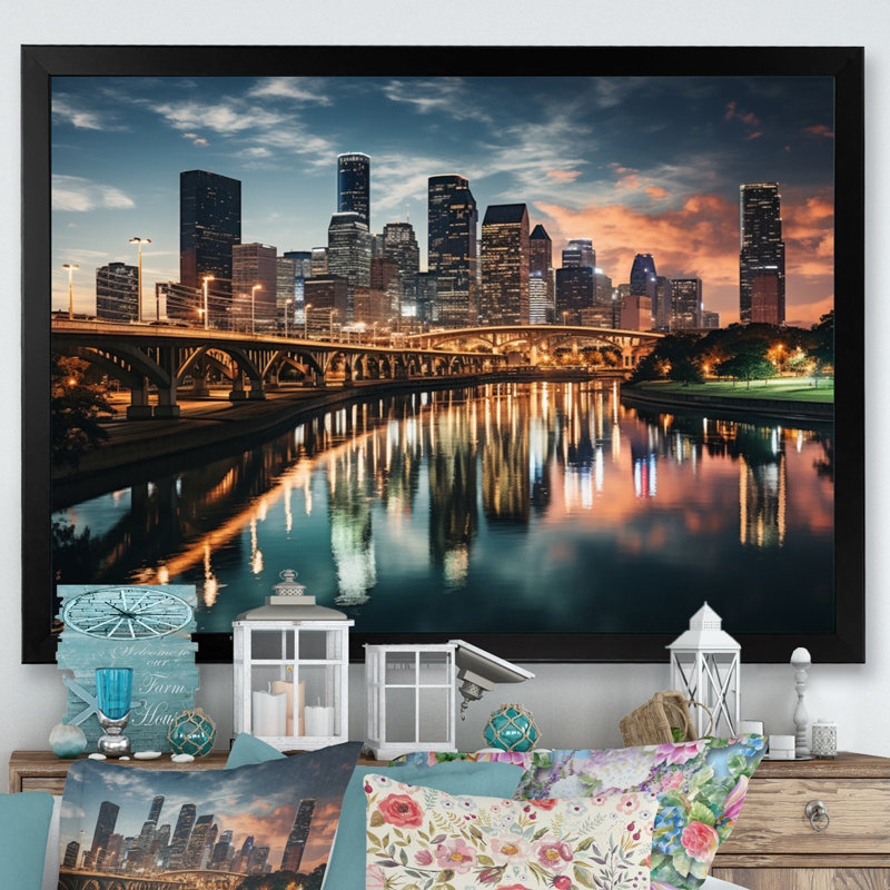 Horizons de Houston II - art mural Houston, H 30 po x l 40 po x P 1,5 po, Cadre photo noir