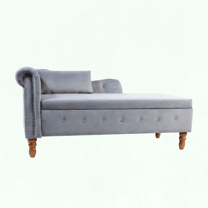 Velvet Chaise Lounge with Storage, Pillow, and Nailhead Trim, Gray