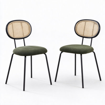 Mid-Century Modern Dining Chairs Set of 2 - Velvet Upholstered Wishbone Kitchen & Dining Room Side Chairs - Rattan Cane Mesh Backrest - Sturdy Metal Legs - Black, Two-Pack