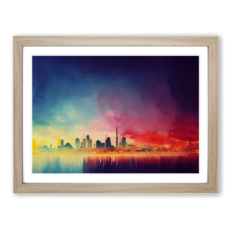 Skyline City Watercolour - Framed Print, 34cm H x 46cm W x 2cm D, Oak Framed