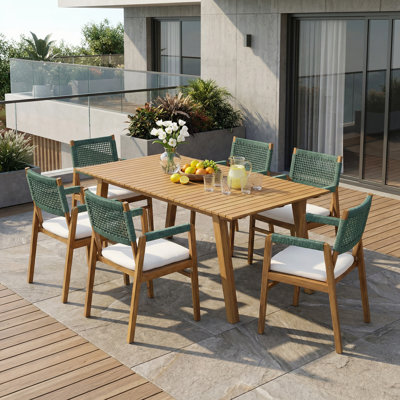 Ensemble de salle à manger d'extérieur en bois d'acacia 6 personnes avec corde tissée et table en bois massif Brendalyn