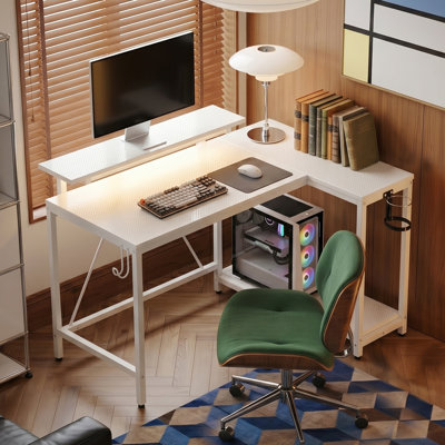 42" W L-Shaped Reversible Gaming Desk with LED Lights and Monitor Stand