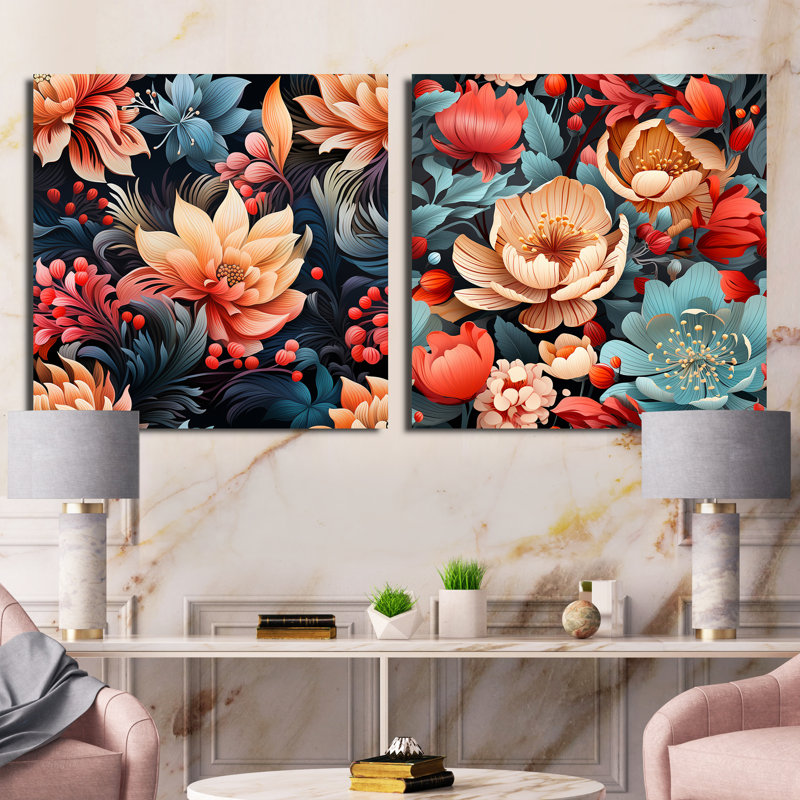 Janda - Ensemble de 2 collages floraux carrés, H 16 po x l 33 po, Toile tendue