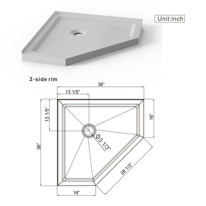 Base de douche néo-angle 36 po x l 36 po x H 3,4 po, Blanc