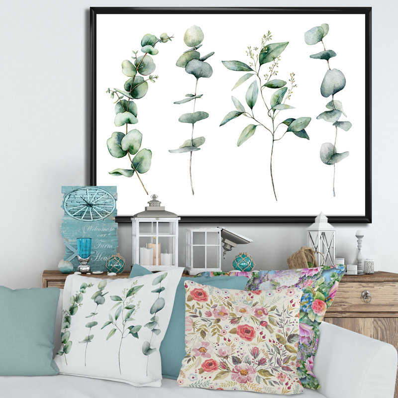 Green Eucalyptus Branches I - peinture sur toile, H 24 po x l 32 po x P 1 po, Cadre flottant noir