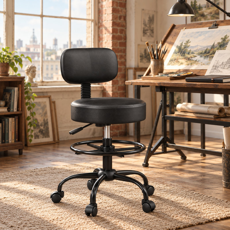 Chaise de dessin ergonomique avec dossier, tabouret de bureau pivotant à roulettes avec repose-pieds réglable - Noir/1 pièce
