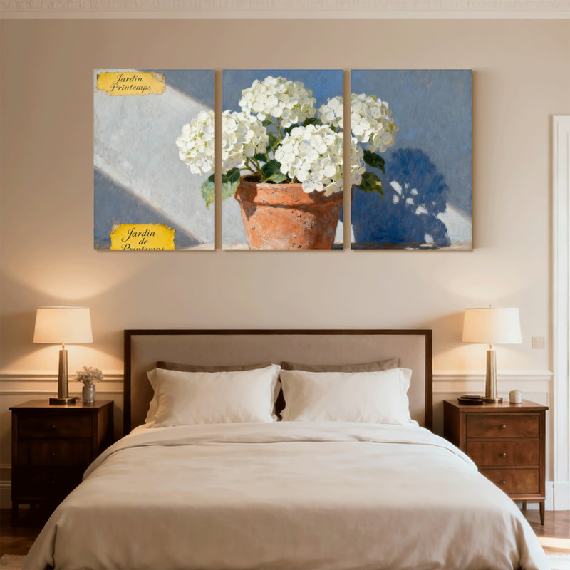 Fleurs d'hortensia en pot sur fond, ensemble de 3 impressions sur toile, H 36 po x l 72 po