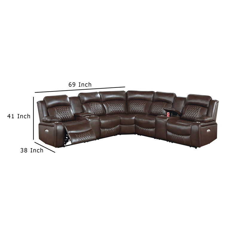 Canapé modulaire inclinable électrique en L Ina, console, similicuir, Mélange de polyester brun