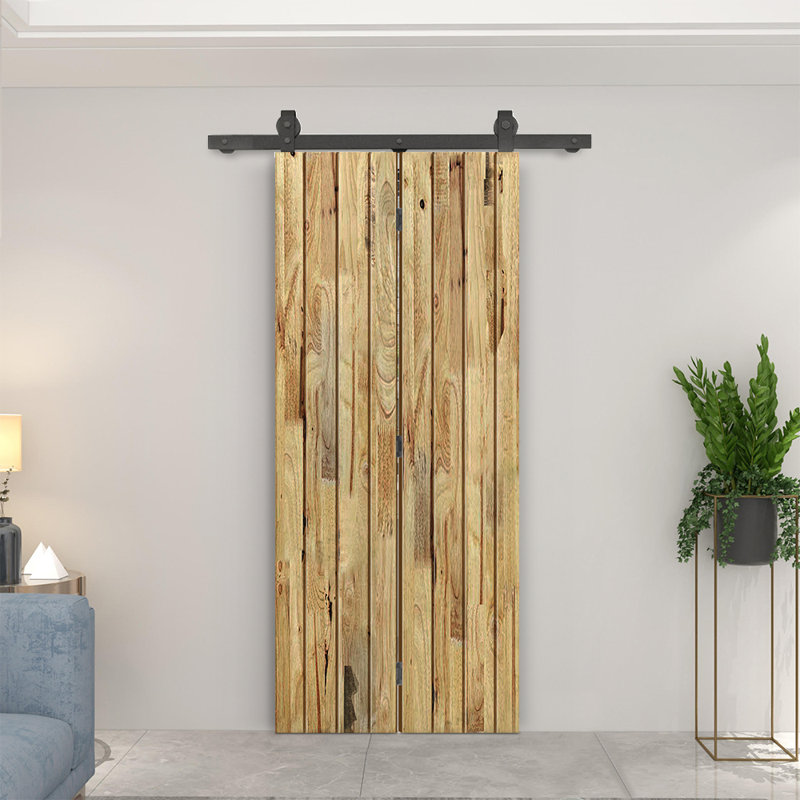 Porte de grange pliante en bois de pin avec quincaillerie coulissante, Chêne vieilli, 30 po x 84 po