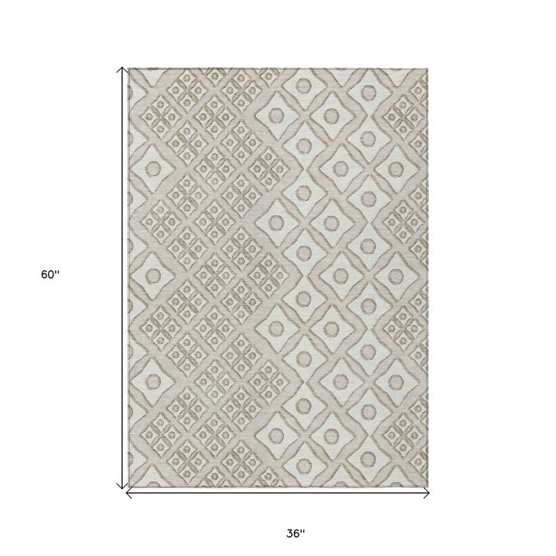 3' X 5' Beige And Ivory Geometric Washable Indoor Outdoor Area Rug