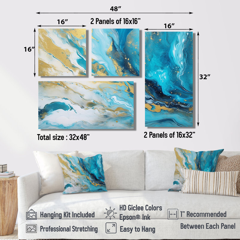Marbre infusé turquoise III - art mural moderne 4 pièces, Toile tendue, Ne s’applique pas