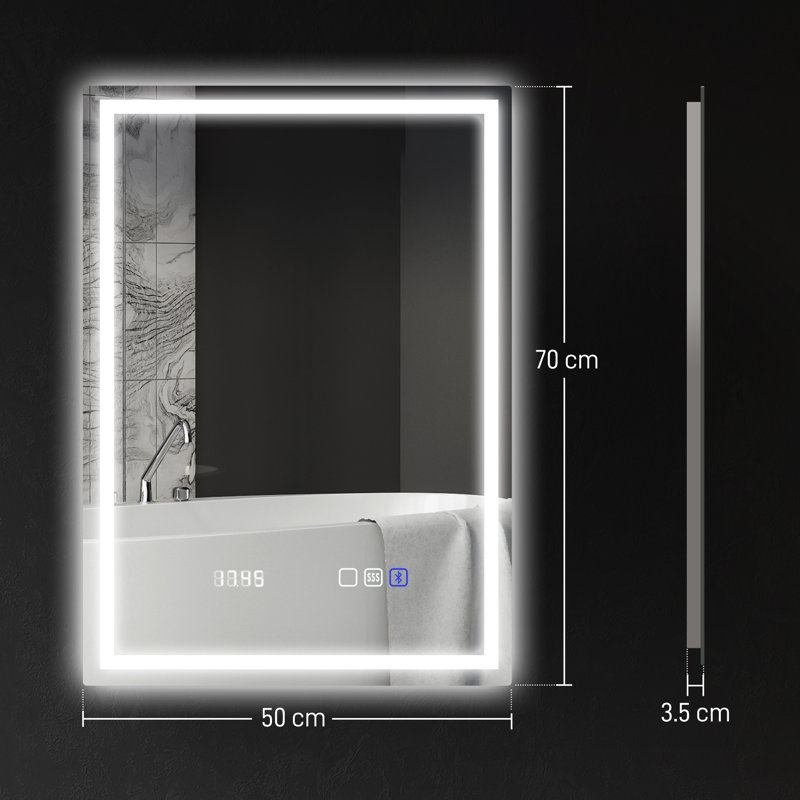 Bluetooth LED Bathroom Mirror Illuminated, Vertical, 50 cm H x 70 cm W