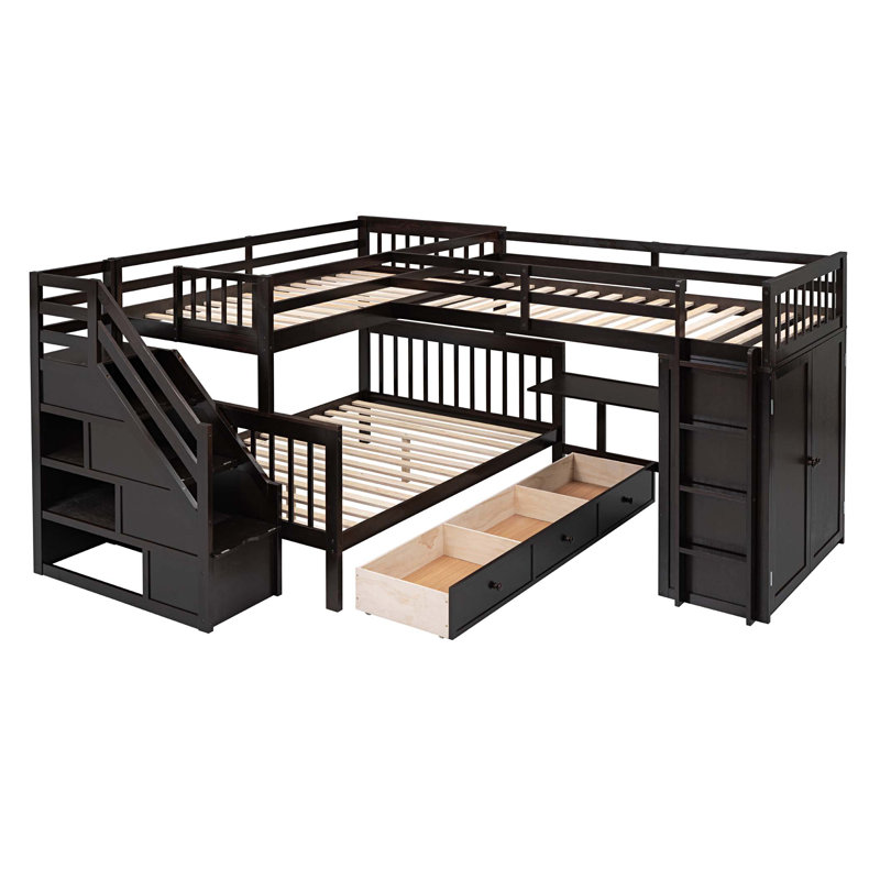 Jahmarion Kids Twin Over Twin Over Full Bunk Bed with Drawers, Espresso