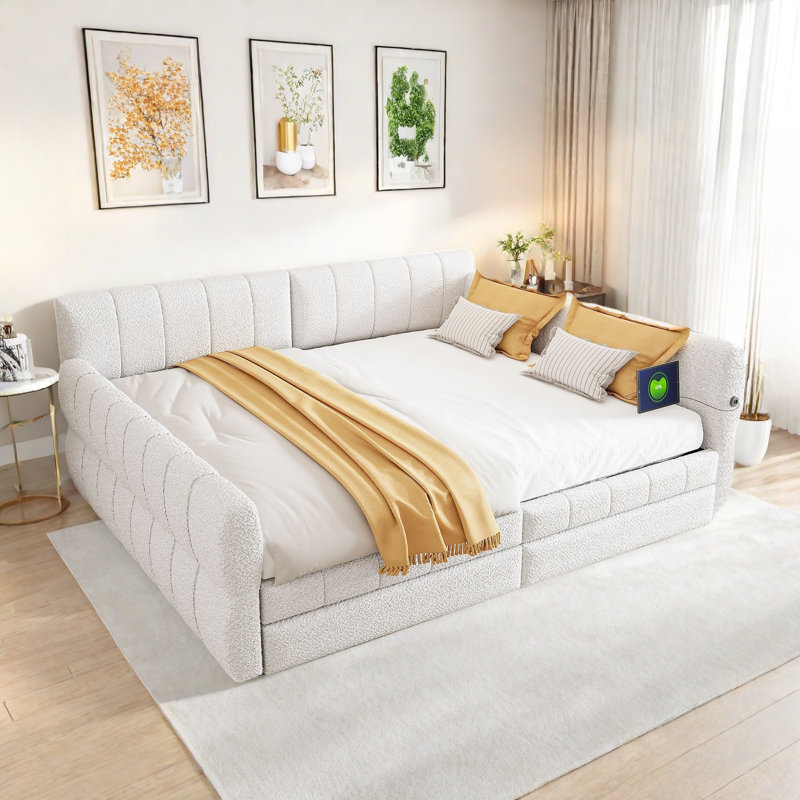 Élégant lit plateforme tapissier avec ports USB et 2 tiroirs, Blanc