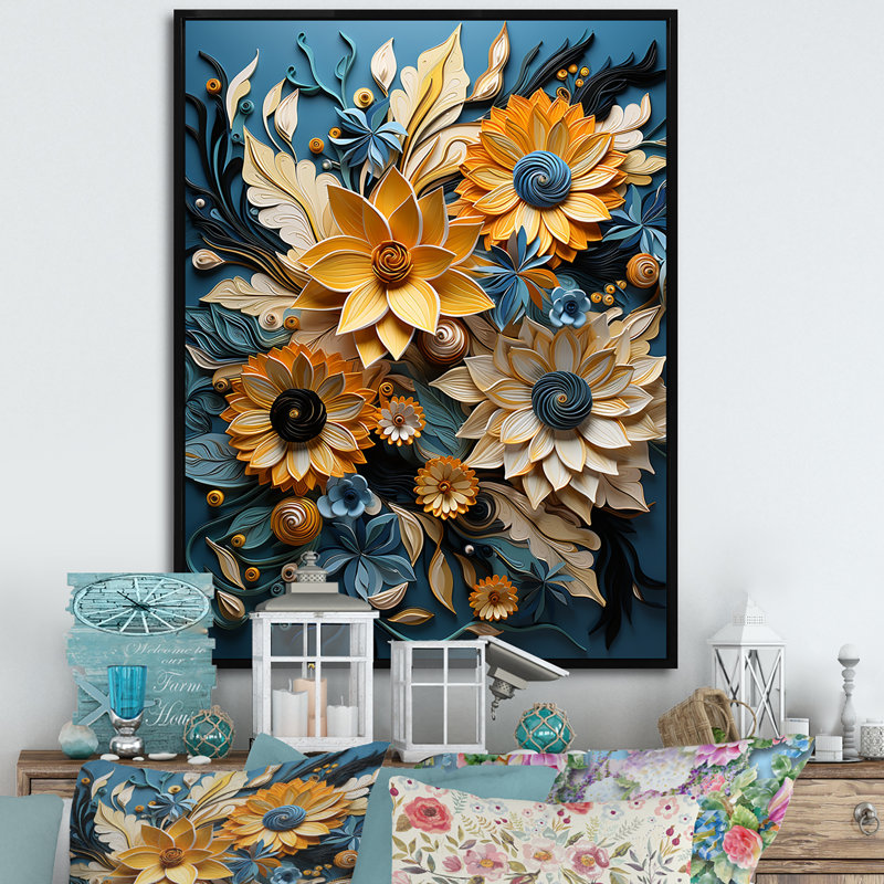 Tournesols abstraits bleus et beiges, Cadre flottant noir, H 20 po x l 12 po x P 1 po