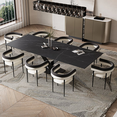 Ensemble de table de salle à manger 9 pièces avec plateau extensible en fritté de 94,5 po et fauteuil rembourré