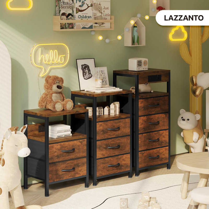 Modern Bedside Table With Charging Station, USB-C & USB Ports, AC Outlets, Open Shelf & Fabric Drawers For Bedroom, Brown