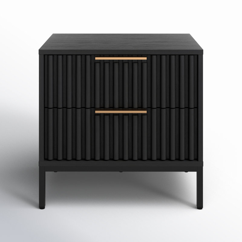 Black Veneer 2-Drawer Nightstand with Gold Handles