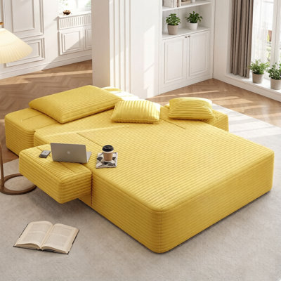 Oversized Corduroy Convertible Sofa Bed, 2‑in‑1 Chaise Lounge with Spring Cushion, Wide Armrests & Side Storage Pocket, No Assembly,Yellow