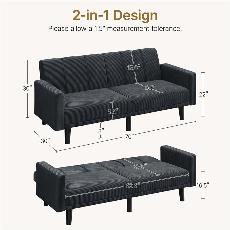 63“ Convertible Futon Sofa Bed Upholstered Square Arm Loveseat,  Dark Gray, Dark Gray
