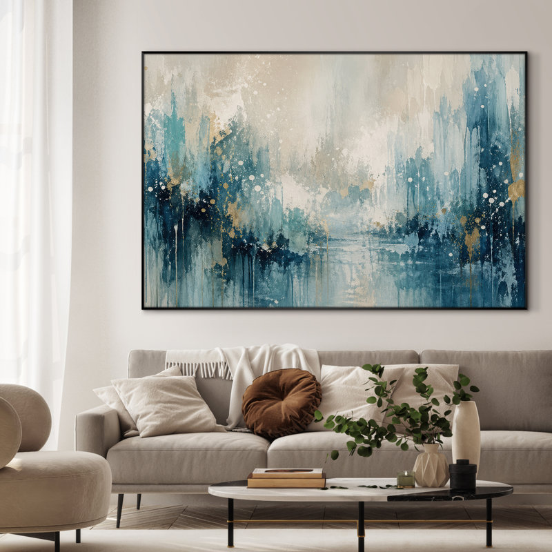 Très grand art mural imprimé sur toile - Décoration de salon contemporaine bleu forêt abstraite - «Assemblage requis (cadre non fini)»