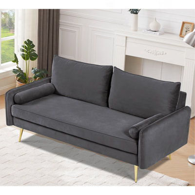 Mid-Century Velvet Sofa,Nailhead Upholstered Couch with Metal Legs,Modern Large Sofa for Living Room