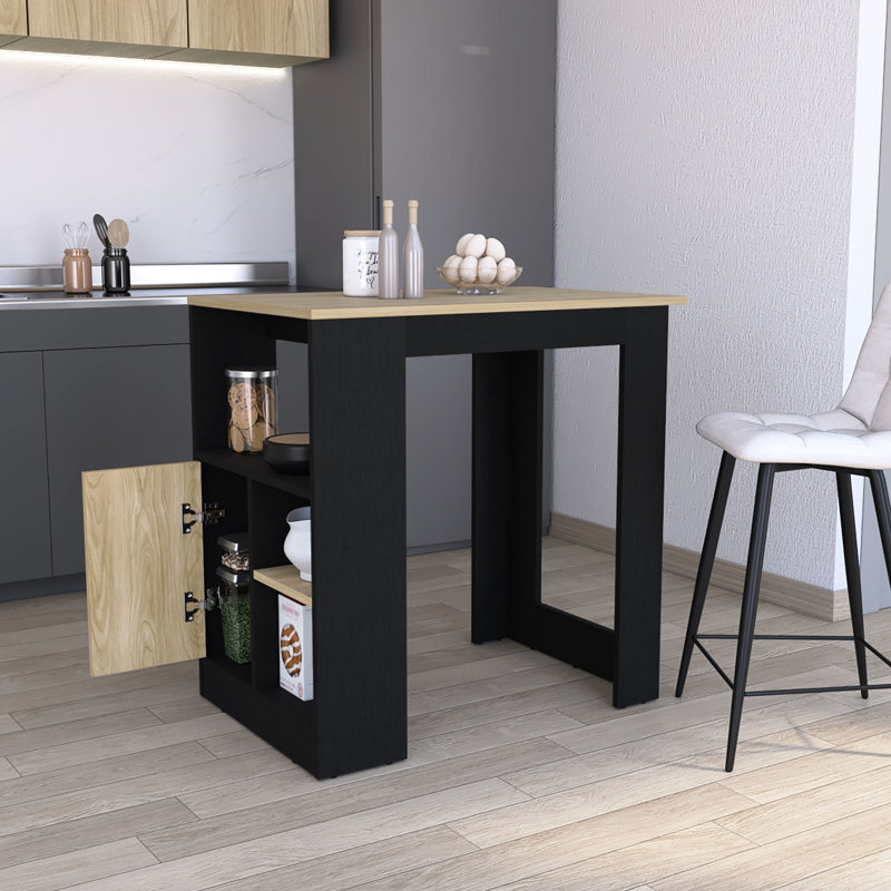 Black & Natural Oak Kitchen Island With 1-Door Storage Cabinet And Side Shelves Handy