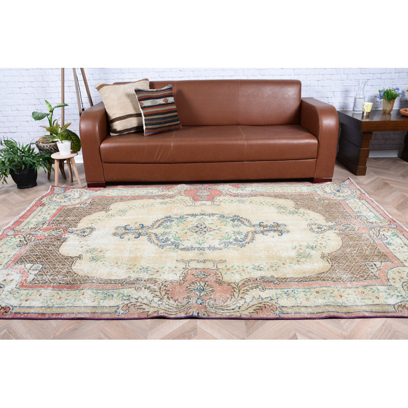 Grand tapis turc beige à motif médaillon idéal pour la décoration de chambre à coucher