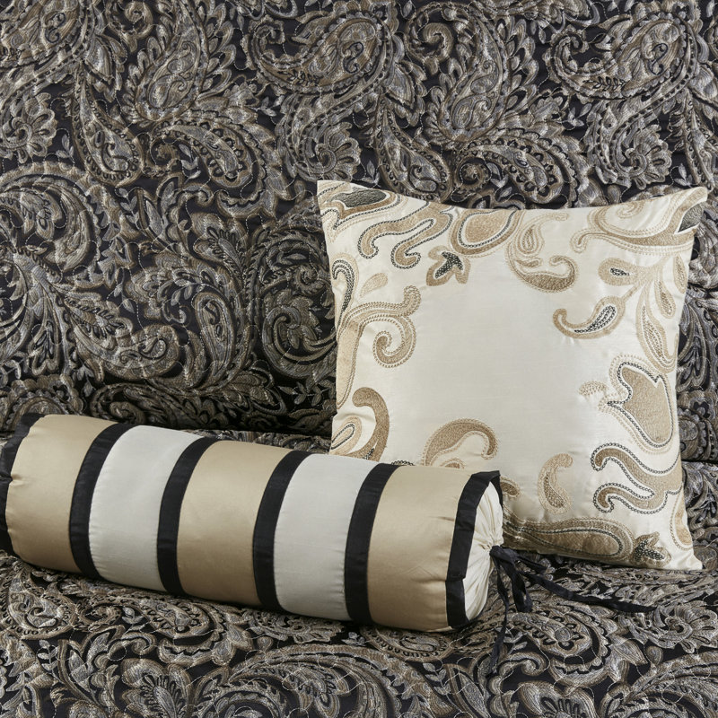 Couvre-lit 5 pièces pour grand lit - noir avec motif cachemire et housse en tissu